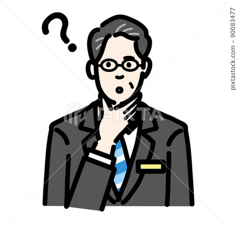 一個戴眼鏡的中年男子,身著西裝,手放在下巴上想著徽章 一個戴眼鏡的中年男子,身著西裝,手放在下巴上想著徽章 90083477