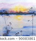 Blue watercolor illustration of sunset on river with forest on horizon. 90083861