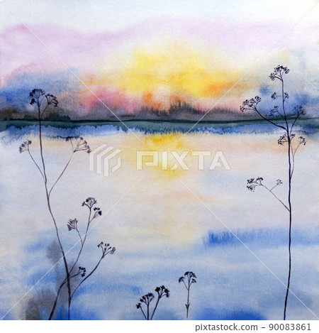 Blue watercolor illustration of sunset on river with forest on horizon. Blue watercolor illustration of sunset on river with forest on horizon. 90083861