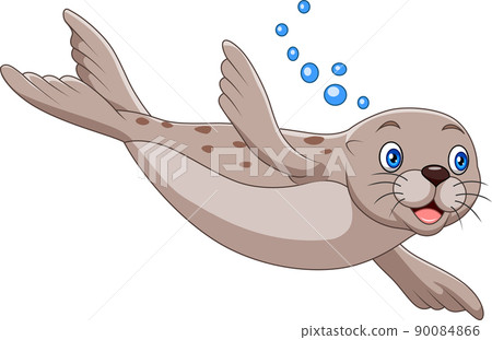 Cartoon seal swimming on white background 90084866