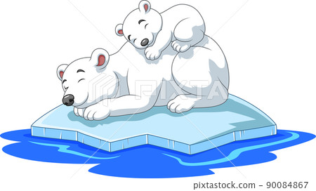 Cartoon mother and baby polar bear sleeping on ice floe 90084867