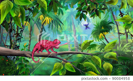 Red chameleon in the rainforest 90084958