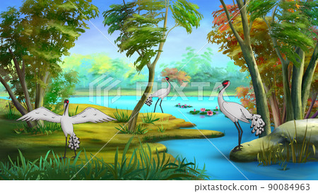 Cranes on a river bank 90084963