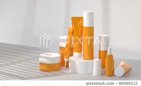 3D Sunscreen bottles on podium. Realistic mockup of skin care products, orange tubes, jar, spray and body lotion. Beauty cosmetic cream with uv protection on white background with shadow, 3d render 90086222