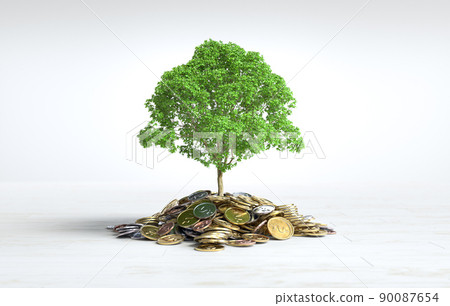 Tree growing on a pile of coins, Saving money concept 90087654