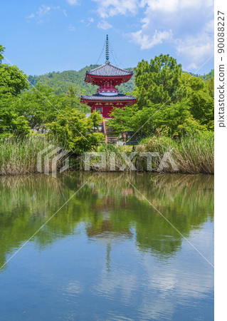 從綠意盎然的大覺寺(京都)自由生活池看到的神行法塔 從綠意盎然的大覺寺(京都)自由生活池看到的神行法塔 90088227