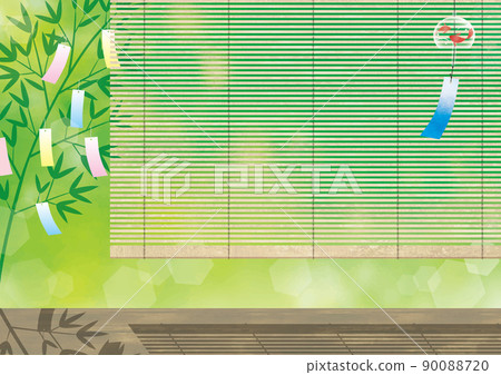 七夕清新的風鈴和竹草水彩載體 90088720