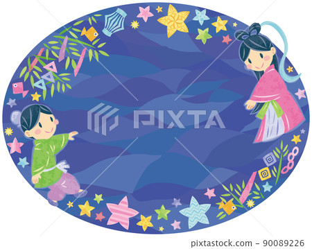 7 月七夕節 Orihime 和 Hikoboshi 插圖裝飾圓形框架水平 7 月七夕節 Orihime 和 Hikoboshi 插圖裝飾圓形框架水平 90089226