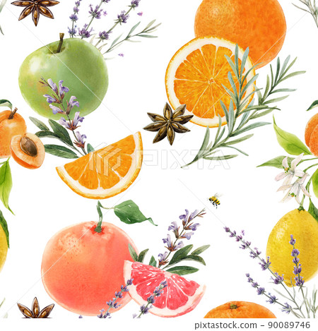 Beautiful seamless summer pattern with watercolor greens and lemon apple orange grapefruit fruits. Stock illustration. 90089746