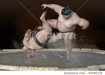 大個子的摔跤手正面碰撞並決定了強大的投擲技術的那一刻。 Chonmage，法師，大，肌肉， 90090338
