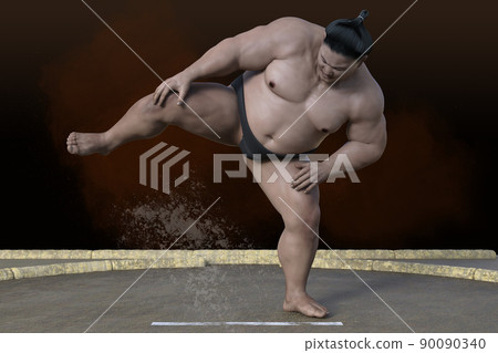 A wrestler with a big body is waiting for the game, raising his legs and stepping on the traditional cheeks A wrestler with a big body is waiting for the game, raising his legs and stepping on the traditional cheeks 90090340