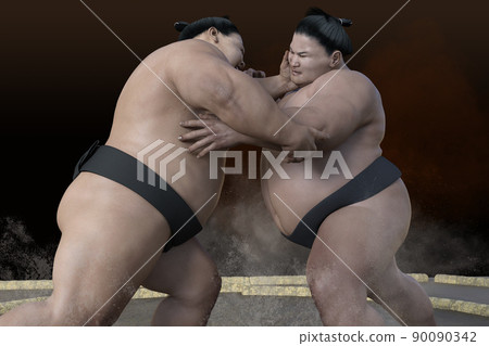 A large sumo wrestler exerts each other's strength and collides with the other with the palm of his hand. A large sumo wrestler exerts each other's strength and collides with the other with the palm of his hand. 90090342