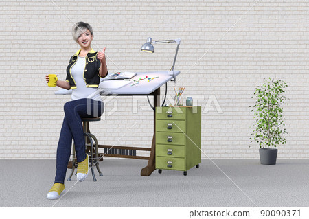A boyish short-haired female designer is taking a break while thinking about work design 90090371