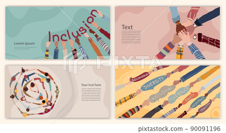Diversity inclusion and equality concept. People of diverse cultures forming a circle. Group of multicultural men and women. Editable set brochure template flyer leaflet cover poster.Equal 90091196