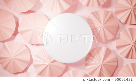 Wavy paper like pink flowers and a white circular stand (overhead view) 90091451
