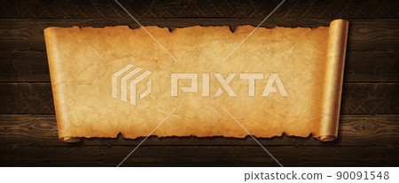 Old paper horizontal banner. Parchment scroll on a wood board 90091548
