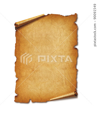 Old mediaeval paper sheet. Parchment scroll isolated on white with shadow 90091549
