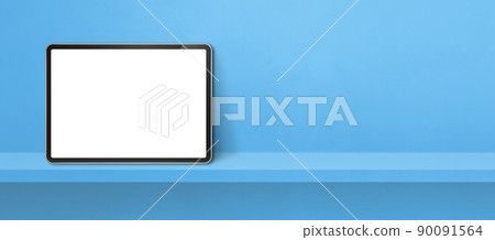 Digital tablet pc on blue wall shelf. Background banner 90091564