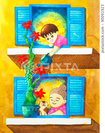 happy boy child watering cactus tree plant belong to senior old woman grandmother and cat kindness love human animal generation mind spiritual art watercolor painting design illustration 90091923
