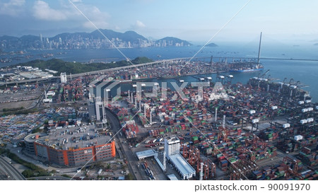 Kwai Tsing container terminal port view in drone. HK logistics face the challege from china port and Vietnam port as the cheaper cost and the lack of government policy 90091970