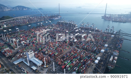 Kwai Tsing container terminal port view in drone. HK logistics face the challege from china port and Vietnam port as the cheaper cost and the lack of government policy 90091971