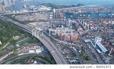 Kwai Tsing container terminal port view in drone. HK logistics face the challege from china port and Vietnam port as the cheaper cost and the lack of government policy 90091972
