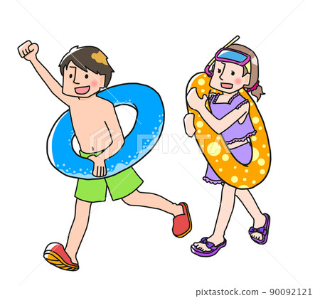 Children frolicking in swimsuits 90092121