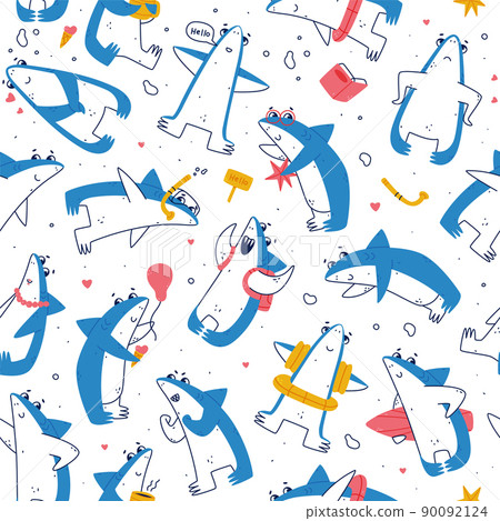 Cute Blue Shark as Sea Animal Living Underwater Seamless Pattern Vector Template Cute Blue Shark as Sea Animal Living Underwater Seamless Pattern Vector Template 90092124