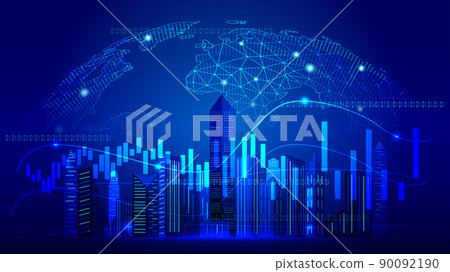 Financial curve chart and city building background under dotted line earth 90092190