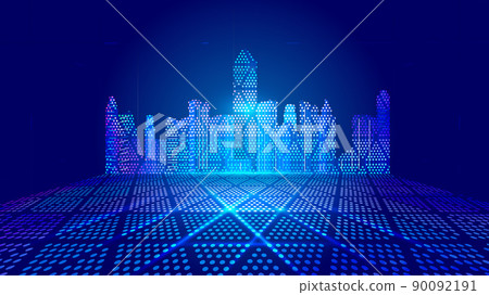 Futuristic city building technology space background with neon light effect 90092191