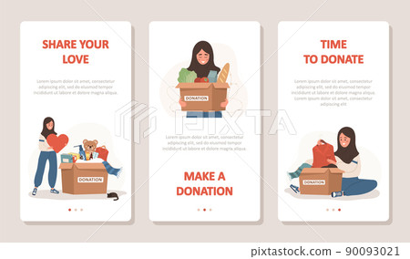 Donation and charity concept. Arabic volunteer women in hijab with boxes full of humanitarian help. Philanthropy. Time to donation. Share your love. Vector cartoon illustration. Set of mobile banners Donation and charity concept. Arabic volunteer women in hijab with boxes full of humanitarian help. Philanthropy. Time to donation. Share your love. Vector cartoon illustration. Set of mobile banners 90093021