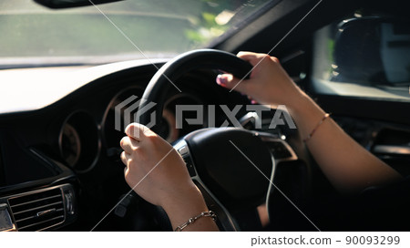 Cropped shot man or driver driving car. Transport, vehicle and people concept Cropped shot man or driver driving car. Transport, vehicle and people concept 90093299