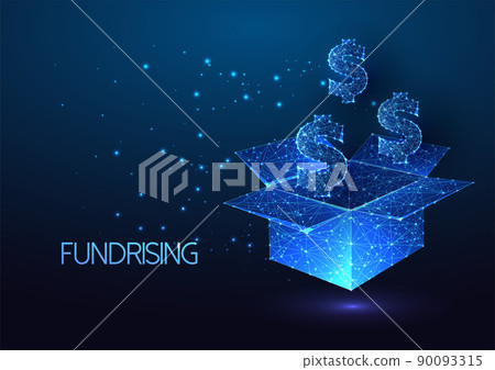 Futuristic fundraising, crowd funding concept with glowing low polygonal open box and dollar symbol Futuristic fundraising, crowd funding concept with glowing low polygonal open box and dollar symbol 90093315