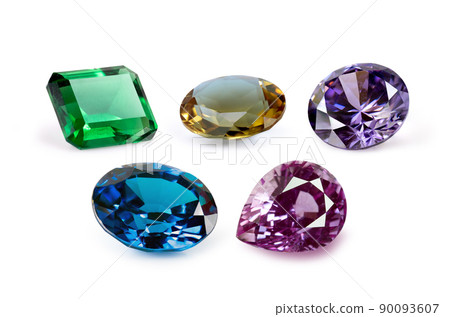set of natural green emerald precious gemstone isolated on white background 90093607