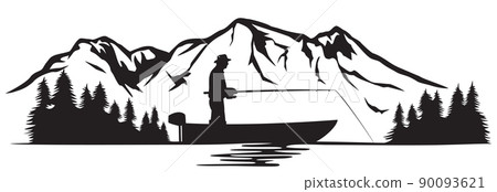 Fisherman in a boat and mountain landscape (vector illustration) 90093621