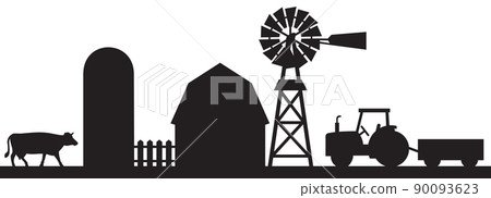 Farm landscape silhouette (barn, silo, tractor, wagon, water pumping windmill, cow, wooden fence). Farm landscape silhouette (barn, silo, tractor, wagon, water pumping windmill, cow, wooden fence). 90093623