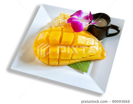 fresh ripe mango and sticky rice with coconut milk isolated on white, authentic Thai dessert fresh ripe mango and sticky rice with coconut milk isolated on white, authentic Thai dessert 90093668