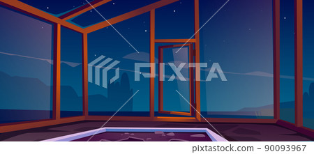 Empty glass greenhouse with open door at night Empty glass greenhouse with open door at night 90093967