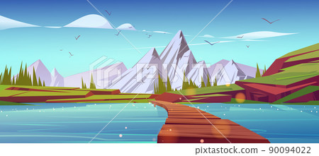 River with wooden bridge in mountain valley 90094022