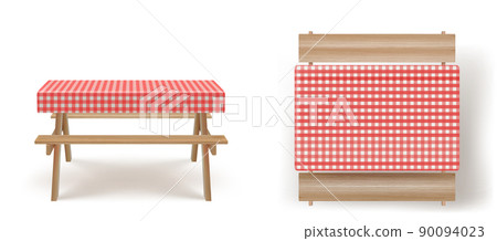 Wooden picnic table with benches tablecloth vector 90094023