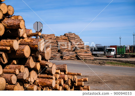 Timber export. Logs are stacked in the port, ready for loading on ships. Selective focus Timber export. Logs are stacked in the port, ready for loading on ships. Selective focus 90094033