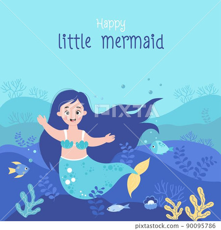 Cute happy little mermaid with fish, seaweed and pearl shell. Tropical square underwater world landscape poster. Vector illustration for design, decor, flyers, parties and cards Cute happy little mermaid with fish, seaweed and pearl shell. Tropical square underwater world landscape poster. Vector illustration for design, decor, flyers, parties and cards 90095786