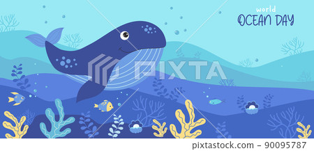 Cute blue whale, fish and corals. Horizontal tropical poster with landscape of underwater world and marine animals. World Ocean Day June 8. Vector illustration for design, decor, flyer, advertisement Cute blue whale, fish and corals. Horizontal tropical poster with landscape of underwater world and marine animals. World Ocean Day June 8. Vector illustration for design, decor, flyer, advertisement 90095787