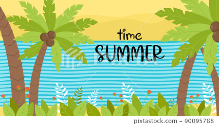 Tropical horizontal postcard - Summer time. Sea, flowers, palm trees and tropical landscape. Vector illustration. Tropical sea landscape for design, decor, printing, travel flyers and advertisements. Tropical horizontal postcard - Summer time. Sea, flowers, palm trees and tropical landscape. Vector illustration. Tropical sea landscape for design, decor, printing, travel flyers and advertisements. 90095788