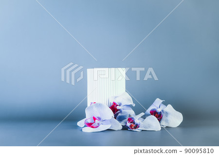 White geometric shape podium for product display on blue background with orchid flowers. Round stage, stand for product promotion in minimal style. Mockup with copy space. Selective focus. 90095810