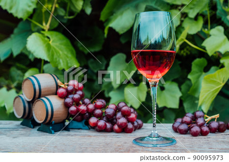 Winery concept. Glass of red wine with miniature wine barrels on the wooden table with grape berries on background of vineyards. Wine tasting, Degustation. Selective focus, copy space. Winery concept. Glass of red wine with miniature wine barrels on the wooden table with grape berries on background of vineyards. Wine tasting, Degustation. Selective focus, copy space. 90095973
