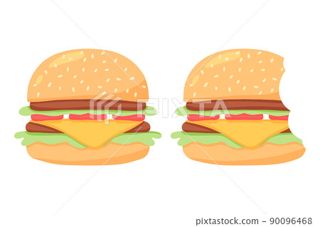 Juicy burger. Delicious hamburger with tomato. A whole and bitten burger. 90096468