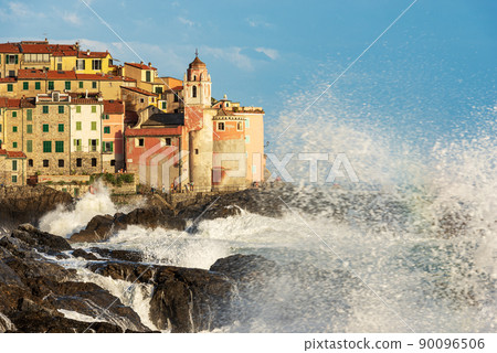 Tellaro Village with Rough Sea in the Gulf of La Spezia Liguria Italy Tellaro Village with Rough Sea in the Gulf of La Spezia Liguria Italy 90096506