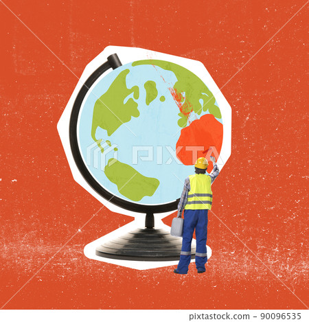 Contemporary art collage. Conceptual image of builder trying to save our planet from global pollution and environmental problems Contemporary art collage. Conceptual image of builder trying to save our planet from global pollution and environmental problems 90096535