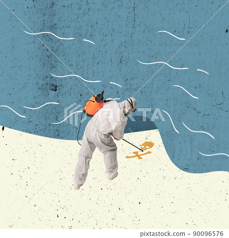 Contemporary art collage. Man in special protective cloth cleaning sand, making disinfection Contemporary art collage. Man in special protective cloth cleaning sand, making disinfection 90096576